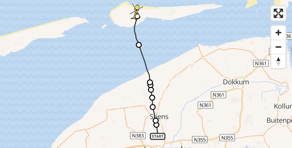 Routekaart van de vlucht: Ambulancehelikopter naar Ameland Airport Ballum, Koarnjumer Feart