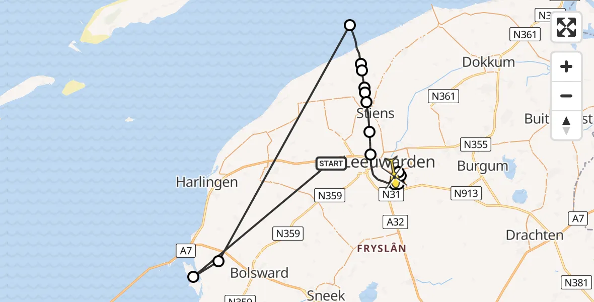 Routekaart van de vlucht: Ambulanceheli naar Leeuwarden, De Holle Poarte