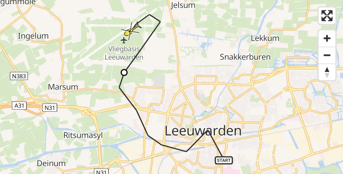 Vluchtroute Ambulancehelikopter van Leeuwarden naar Vliegbasis Leeuwarden