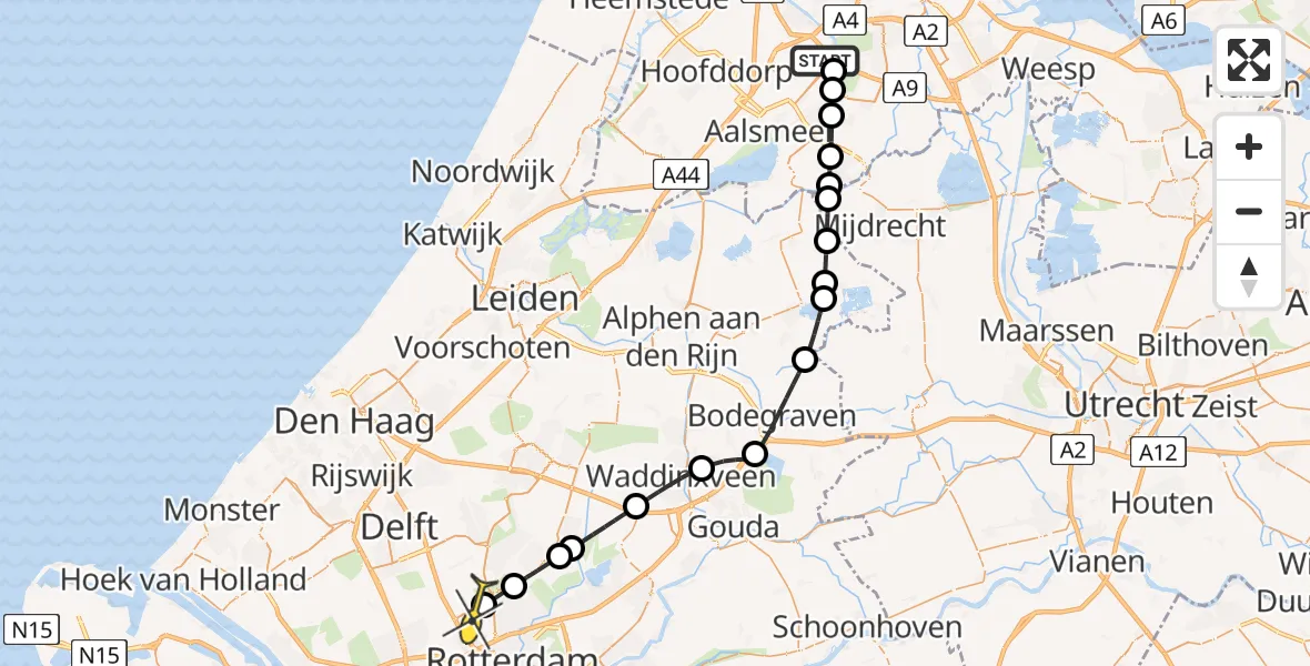 Routekaart van de vlucht: Politieheli naar Rotterdam The Hague Airport, Ringvaart-Schipholdijk