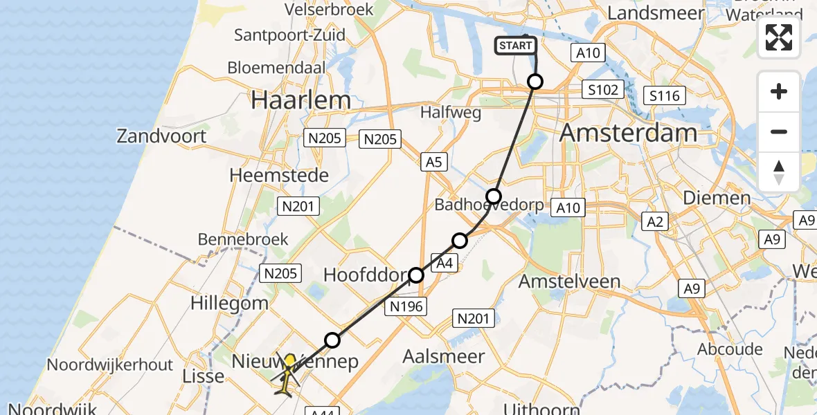 Routekaart van de vlucht: Lifeliner 1 naar Nieuw-Vennep, Westhavenweg