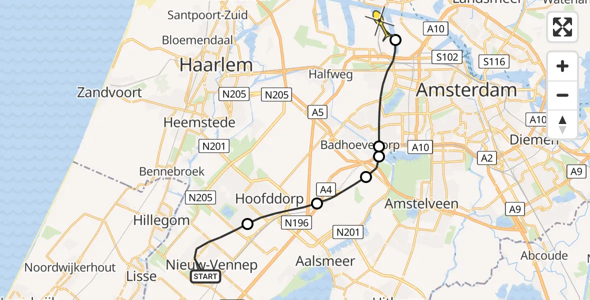 Routekaart van de vlucht: Lifeliner 1 naar Amsterdam Heliport, Brahmslaan