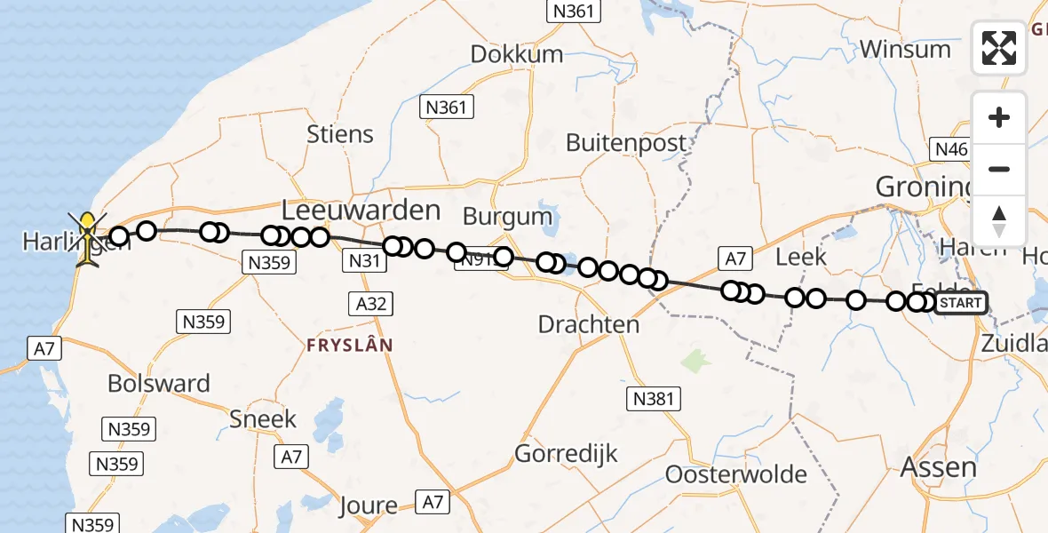 Routekaart van de vlucht: Lifeliner 4 naar Harlingen, Molenweg