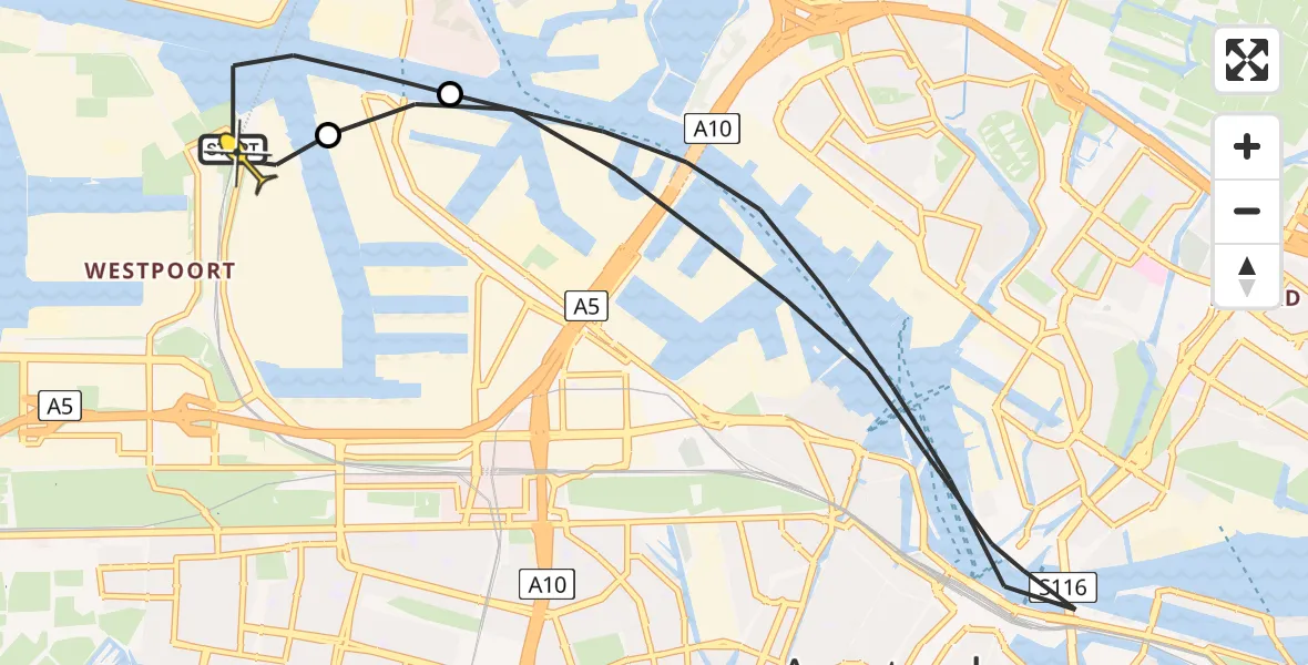Routekaart van de vlucht: Lifeliner 1 naar Amsterdam Heliport, Grote Tocht