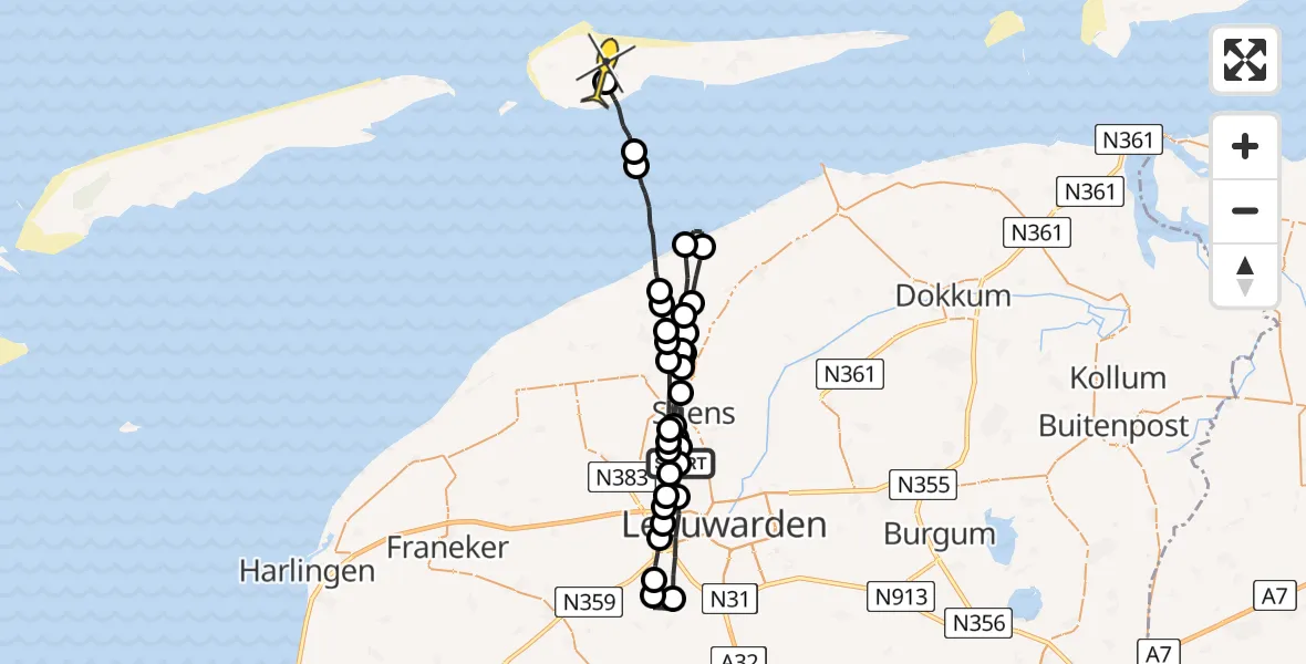 Routekaart van de vlucht: Ambulancehelikopter naar Ameland Airport Ballum, Skrédyk