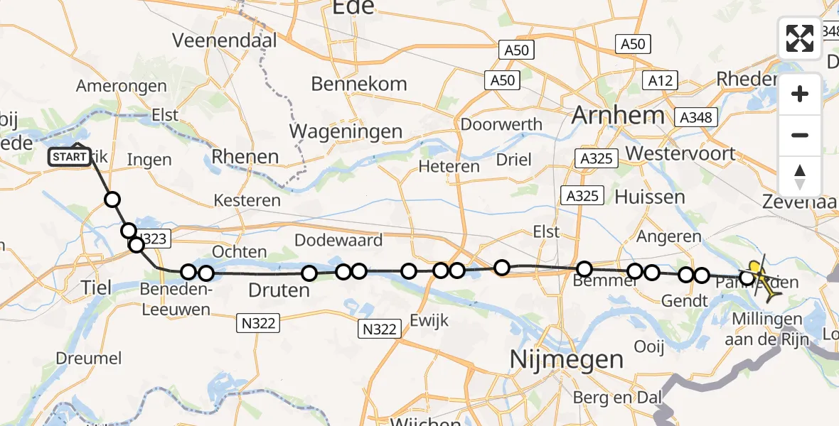 Routekaart van de vlucht: Lifeliner 3 naar Pannerden, Molenstraat
