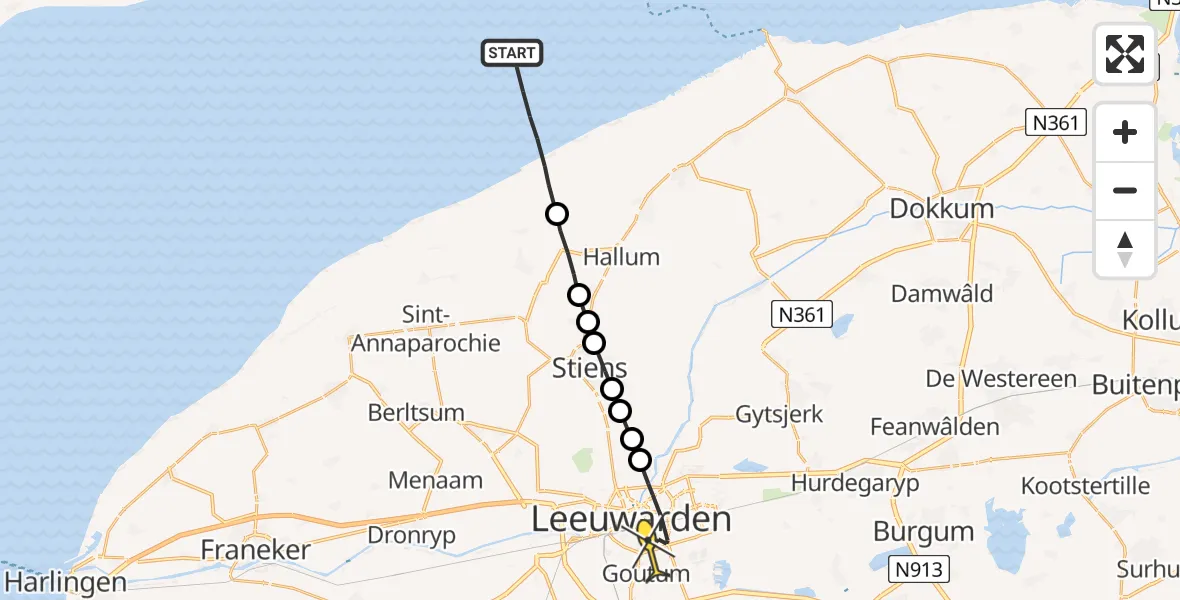 Routekaart van de vlucht: Ambulanceheli naar Leeuwarden, Aldlânsdyk