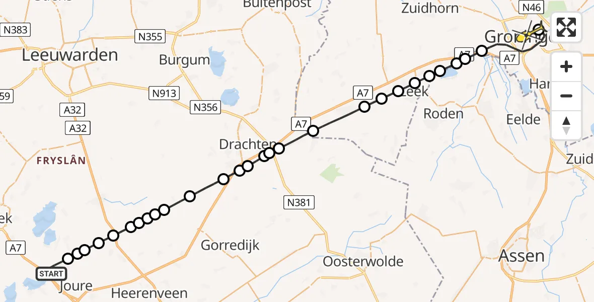 Routekaart van de vlucht: Lifeliner 4 naar Universitair Medisch Centrum Groningen, Swettepoelsterdyk