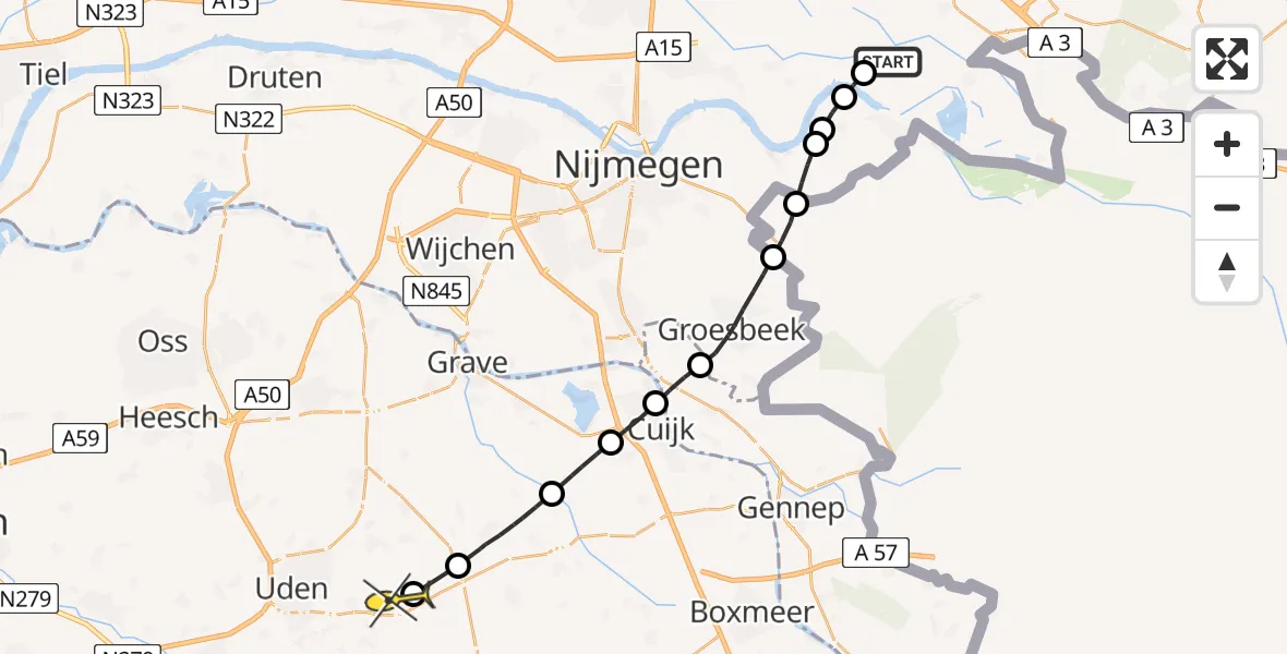 Routekaart van de vlucht: Lifeliner 3 naar Vliegbasis Volkel, Doornenburgseweg