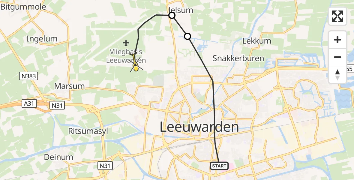 Routekaart van de vlucht: Ambulanceheli naar Vliegbasis Leeuwarden, Zuidergrachtswal