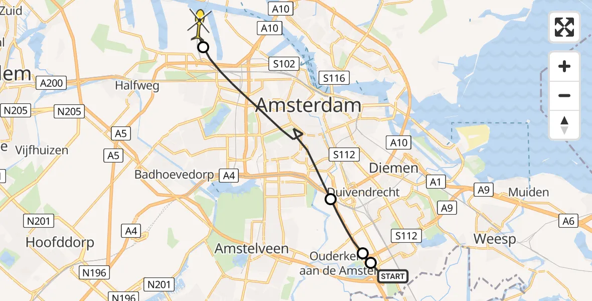 Routekaart van de vlucht: Lifeliner 1 naar Amsterdam Heliport, Sijsjesbergweg
