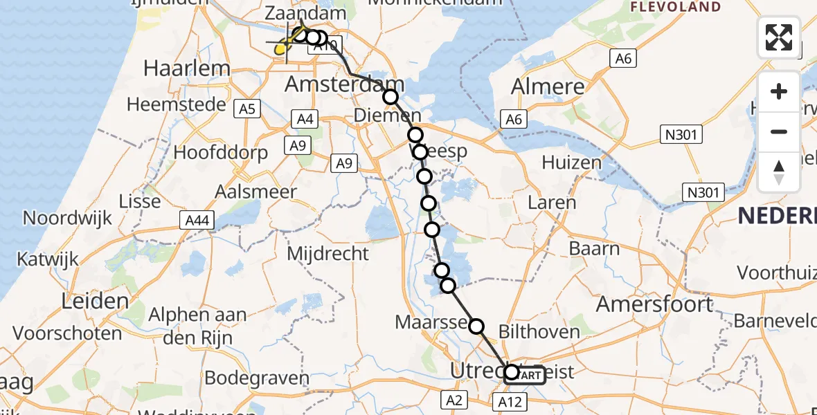 Routekaart van de vlucht: Lifeliner 1 naar Amsterdam Heliport, Cambridgelaan