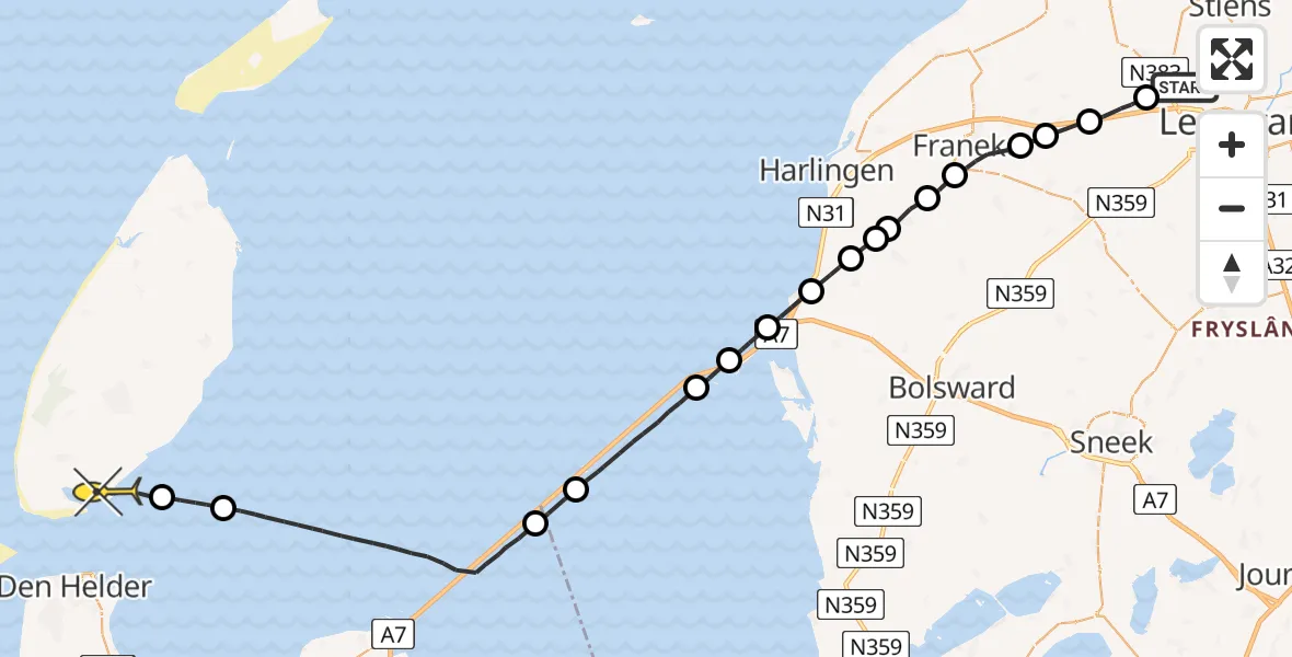 Routekaart van de vlucht: Ambulancehelikopter naar Den Hoorn, Rypsterdyk