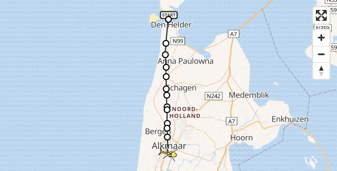 Routekaart van de vlucht: Ambulanceheli naar Alkmaar, Theodorus Rijkersstraat