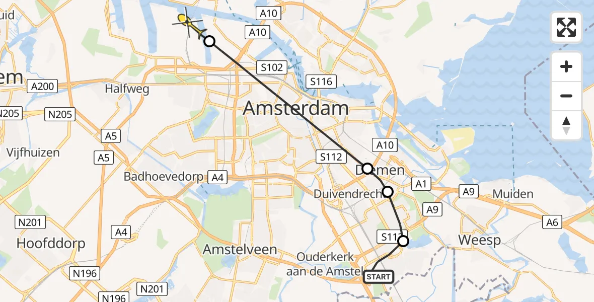 Routekaart van de vlucht: Lifeliner 1 naar Amsterdam Heliport, Meibergdreef