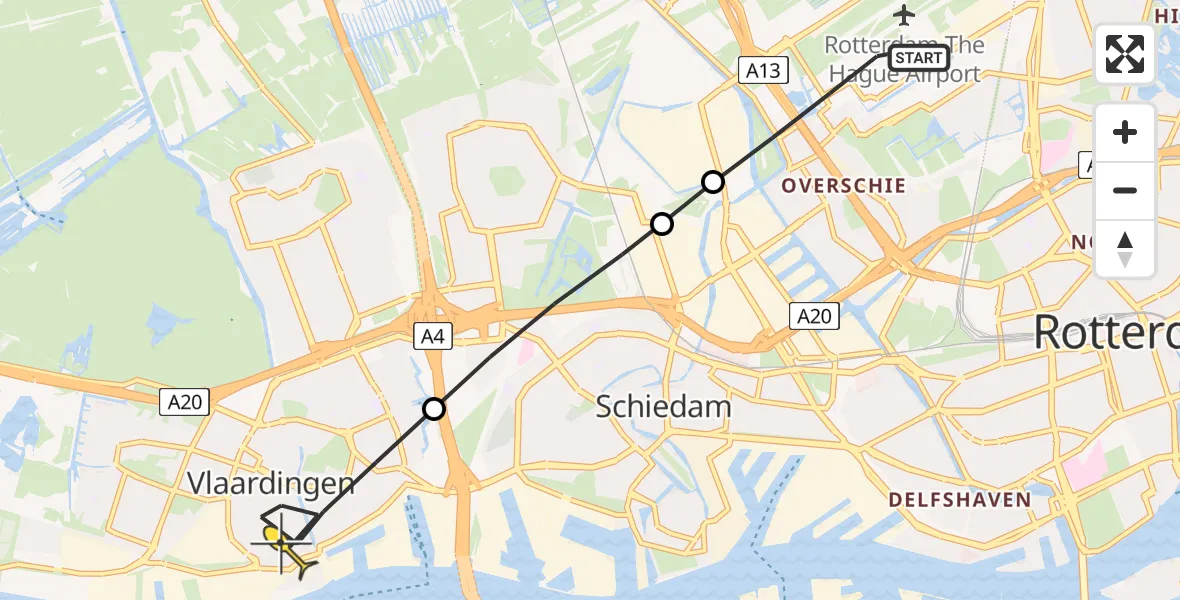 Routekaart van de vlucht: Lifeliner 2 naar Vlaardingen, Rotterdam Airportbaan