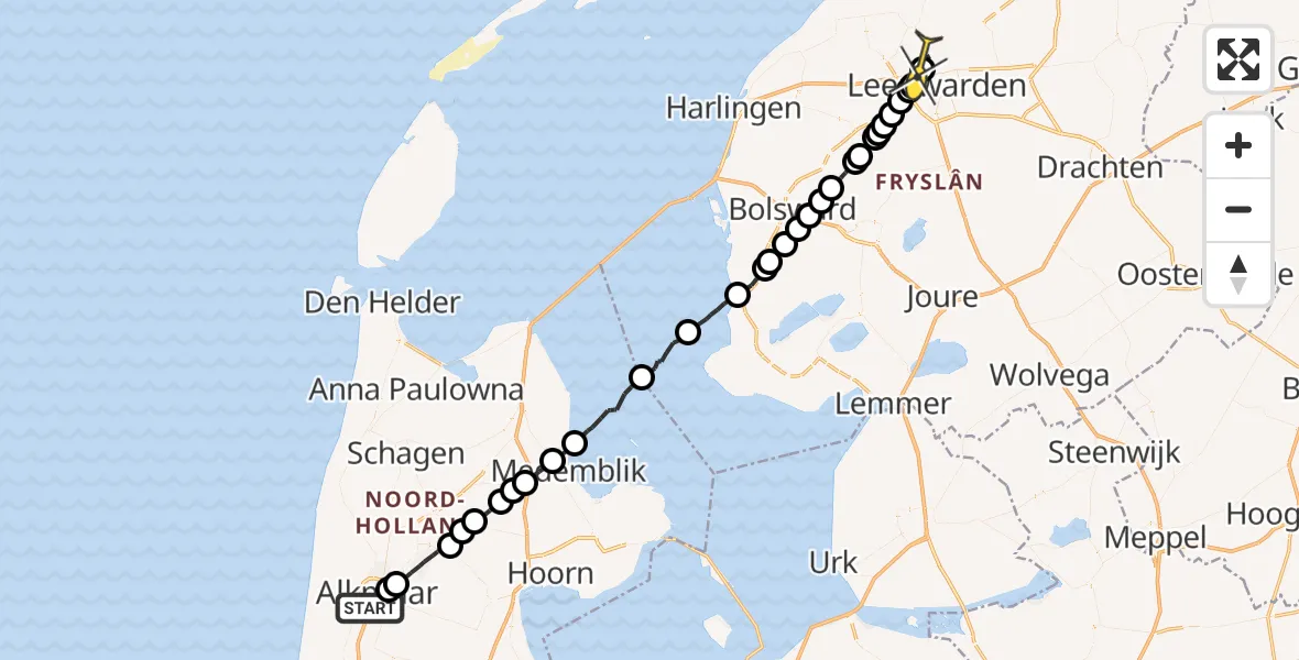 Routekaart van de vlucht: Ambulanceheli naar Vliegbasis Leeuwarden, Belijnpad