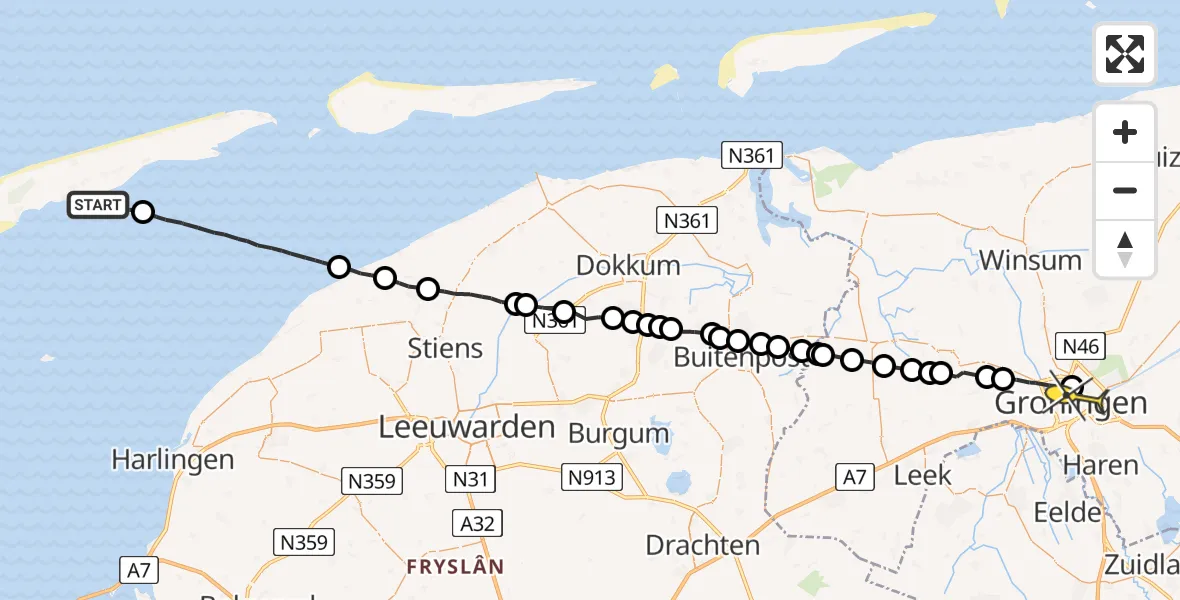 Routekaart van de vlucht: Ambulancehelikopter naar Universitair Medisch Centrum Groningen, Fonteinstraat