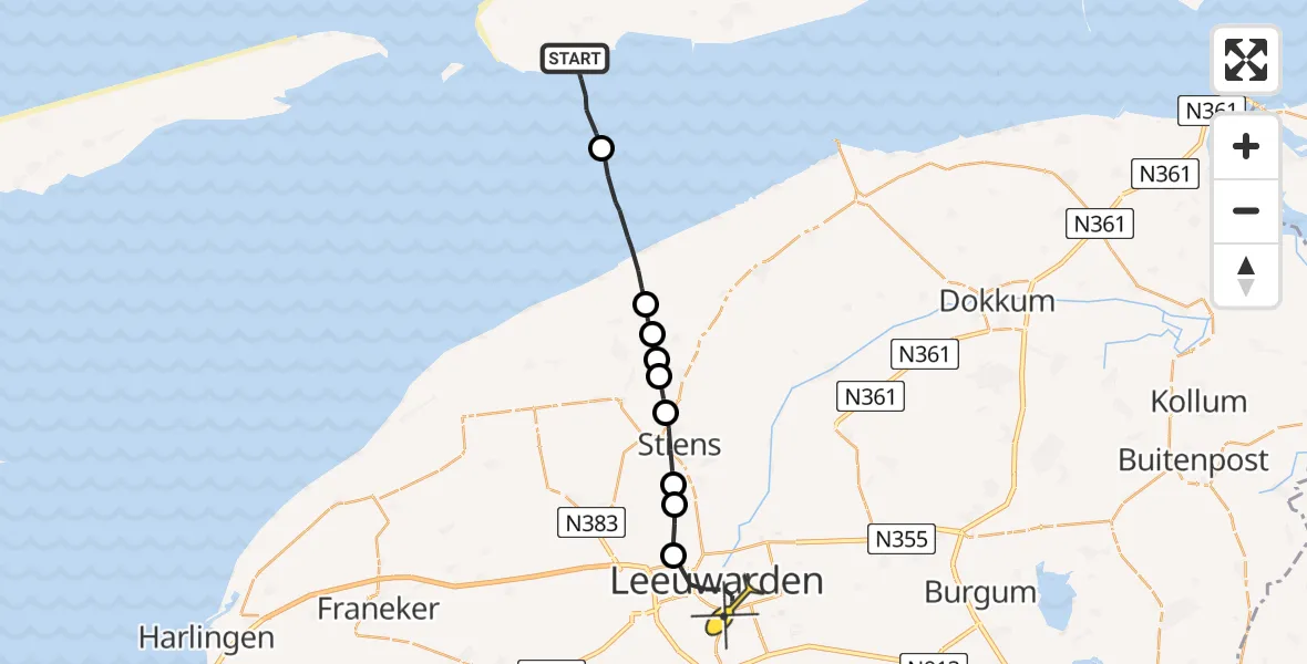 Routekaart van de vlucht: Ambulanceheli naar Leeuwarden, Uitwatering