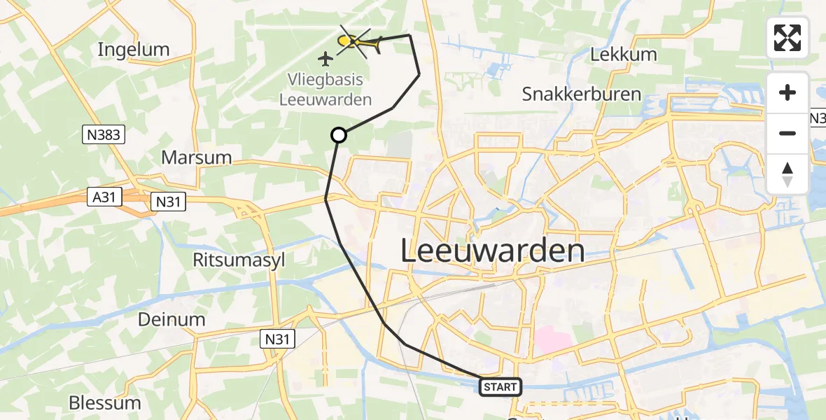 Routekaart van de vlucht: Ambulanceheli naar Vliegbasis Leeuwarden, Ried