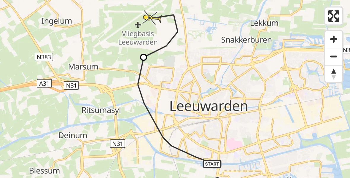 Vluchtroute Ambulancehelikopter van Leeuwarden naar Vliegbasis Leeuwarden