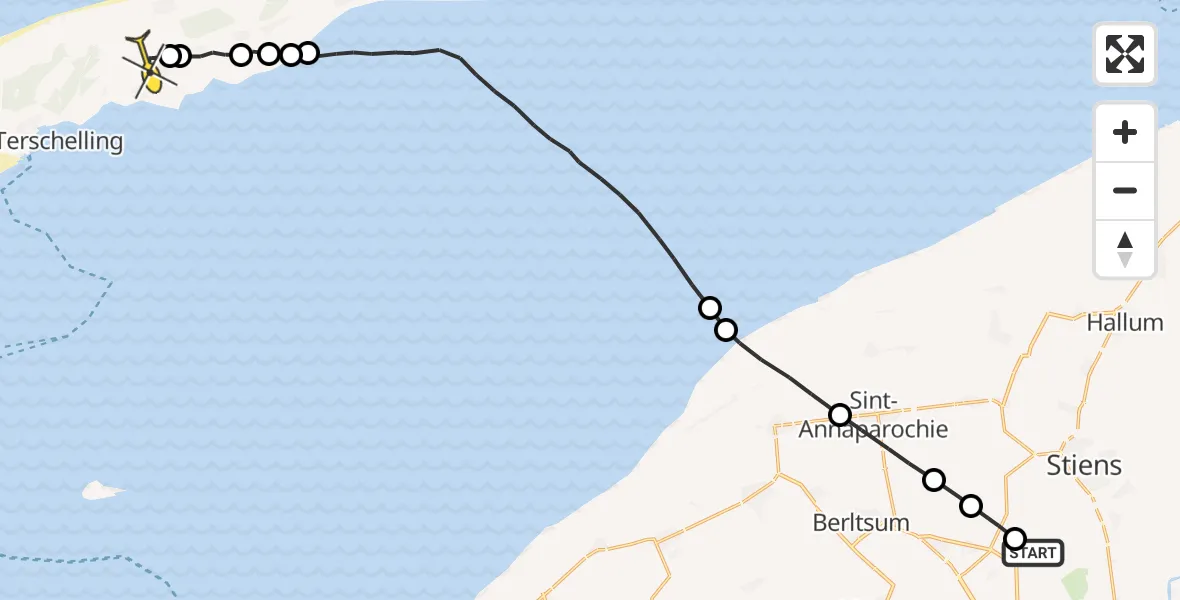 Routekaart van de vlucht: Ambulancehelikopter naar Midsland, Nijlânsdyk