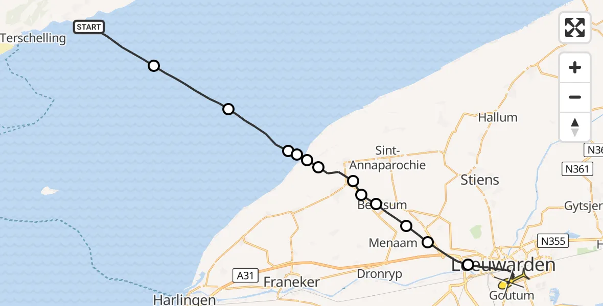 Routekaart van de vlucht: Ambulancehelikopter naar Leeuwarden, Borniastraat