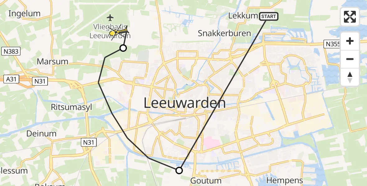 Routekaart van de vlucht: Ambulanceheli naar Vliegbasis Leeuwarden, Redbadwei