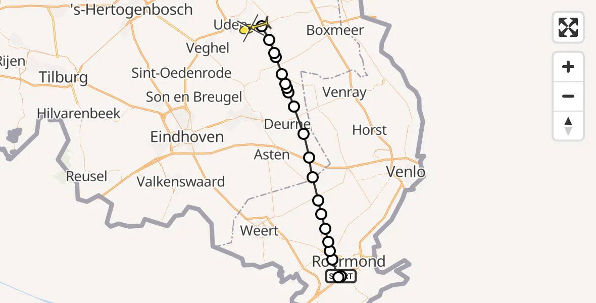 Routekaart van de vlucht: Lifeliner 3 naar Vliegbasis Volkel, Schroevenstraat