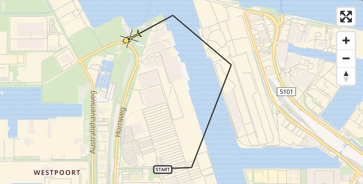 Routekaart van de vlucht: Lifeliner 1 naar Amsterdam Heliport, Westhavenweg