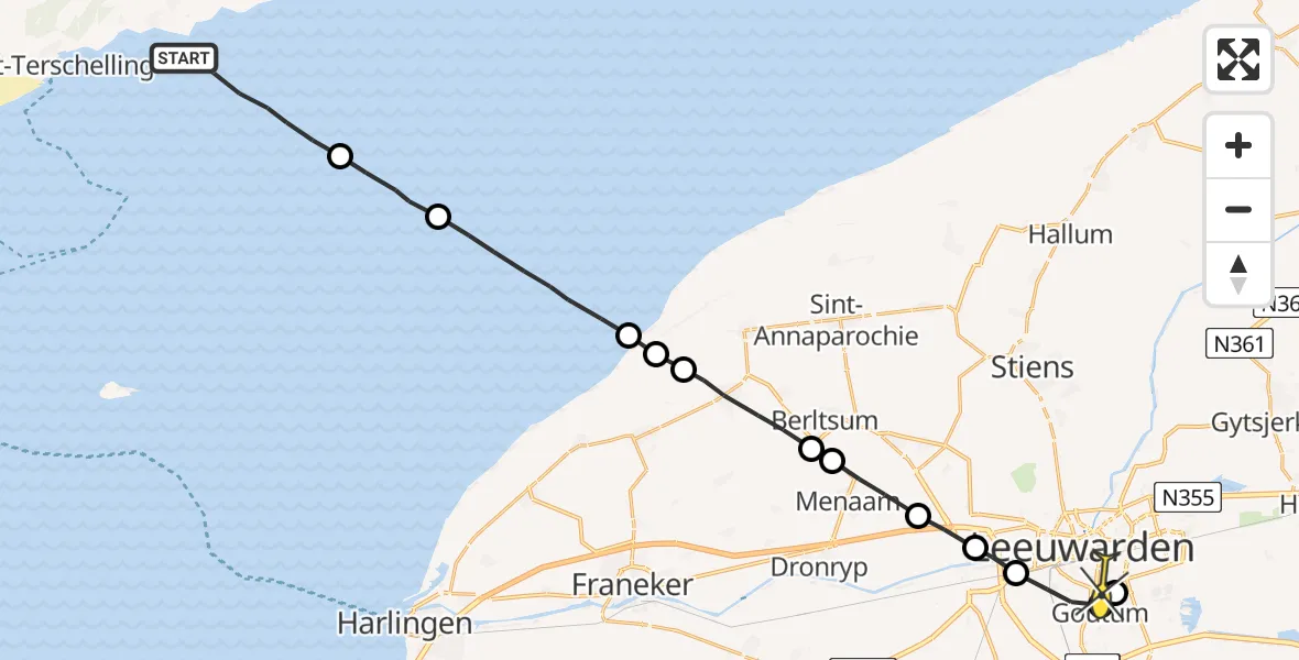 Routekaart van de vlucht: Ambulanceheli naar Leeuwarden, Aldlânsdyk