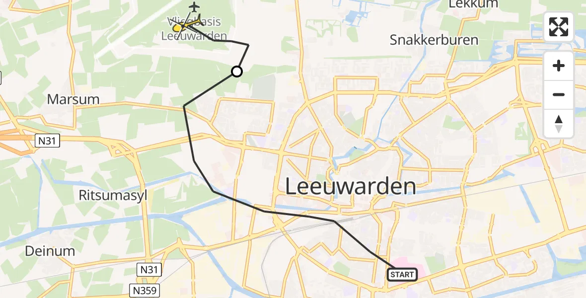 Routekaart van de vlucht: Ambulanceheli naar Vliegbasis Leeuwarden, Wijnhornsterstraat