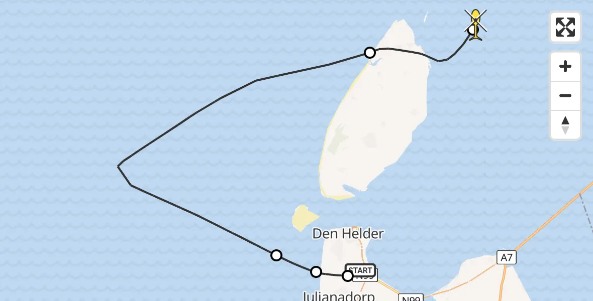 Routekaart van de vlucht: Kustwachthelikopter naar Vlieland, Middenvliet