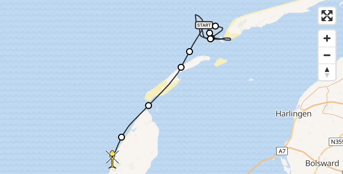 Routekaart van de vlucht: Kustwachthelikopter naar De Koog, Paal 16