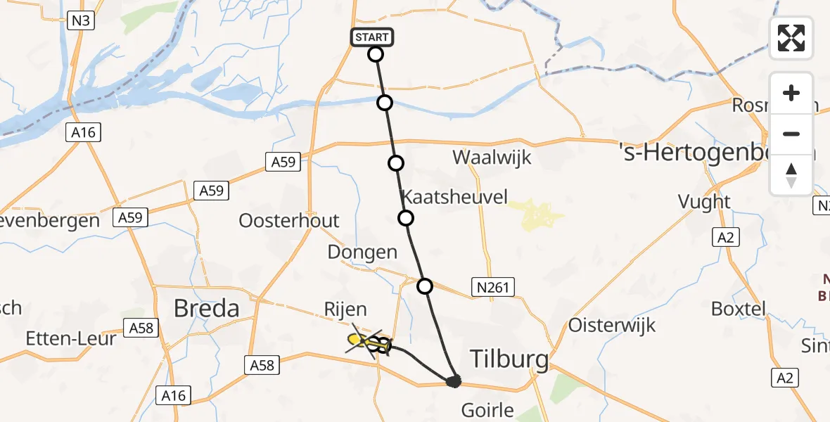 Routekaart van de vlucht: Politieheli naar Vliegbasis Gilze-Rijen, Kornsche Buitenkade