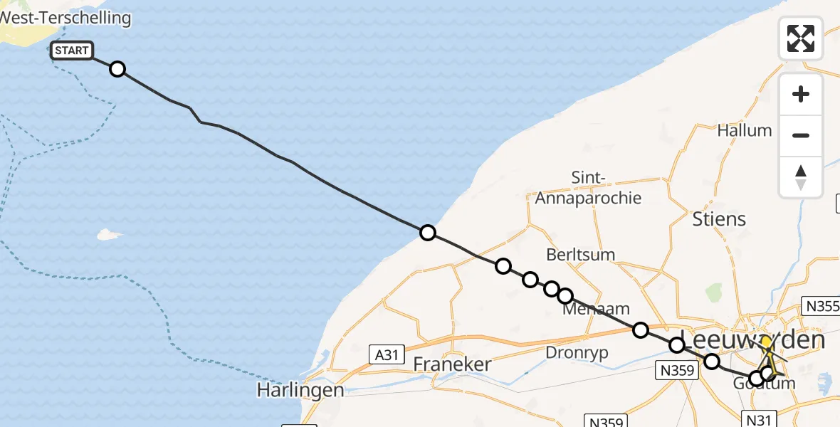 Routekaart van de vlucht: Ambulancehelikopter naar Leeuwarden, Groote Plaat