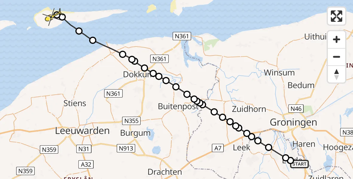 Routekaart van de vlucht: Lifeliner 4 naar Ameland Airport Ballum, Eskampenweg