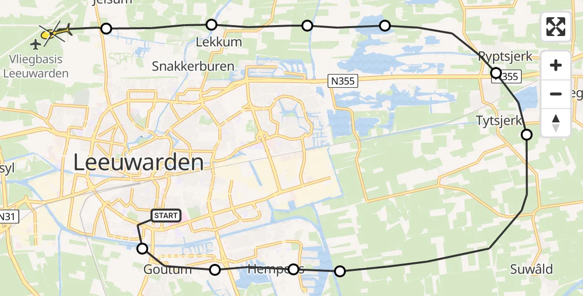 Routekaart van de vlucht: Ambulanceheli naar Vliegbasis Leeuwarden, Boksumerdyk
