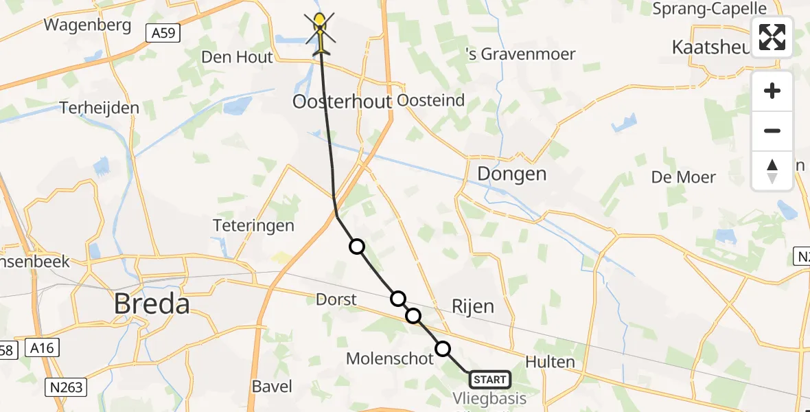 Routekaart van de vlucht: Politieheli naar Oosterhout, Damweg