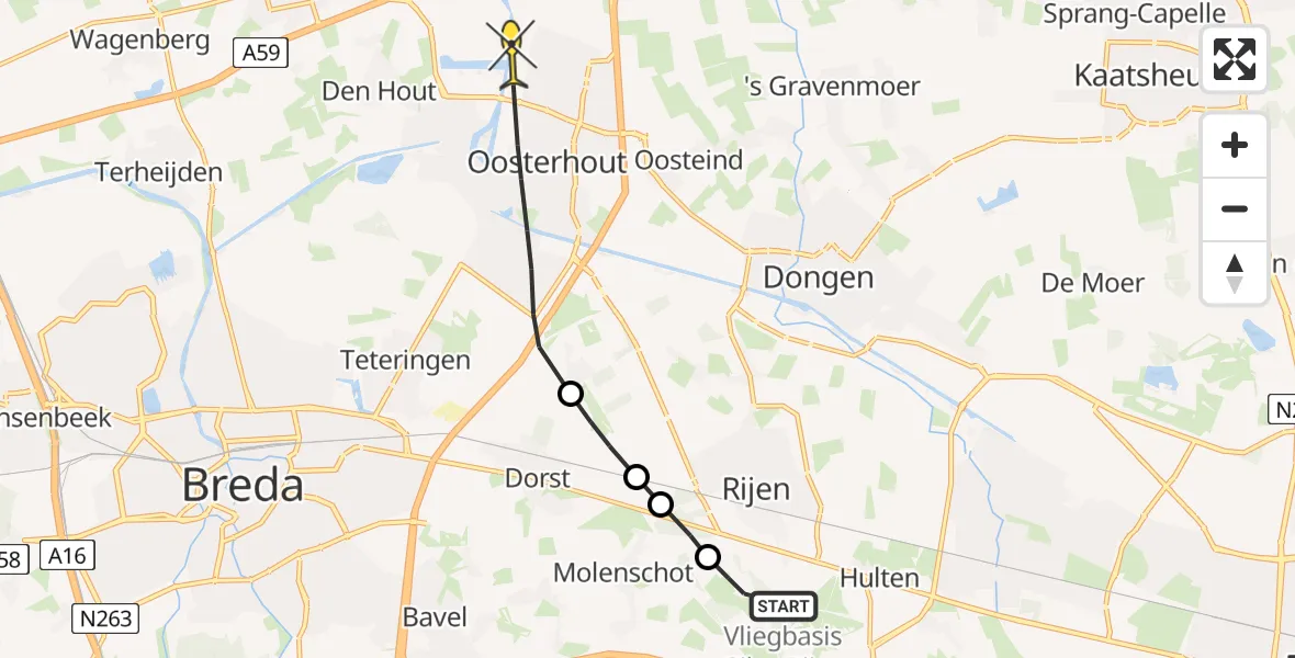 Routekaart van de vlucht: Politiehelikopter naar Oosterhout, Damweg