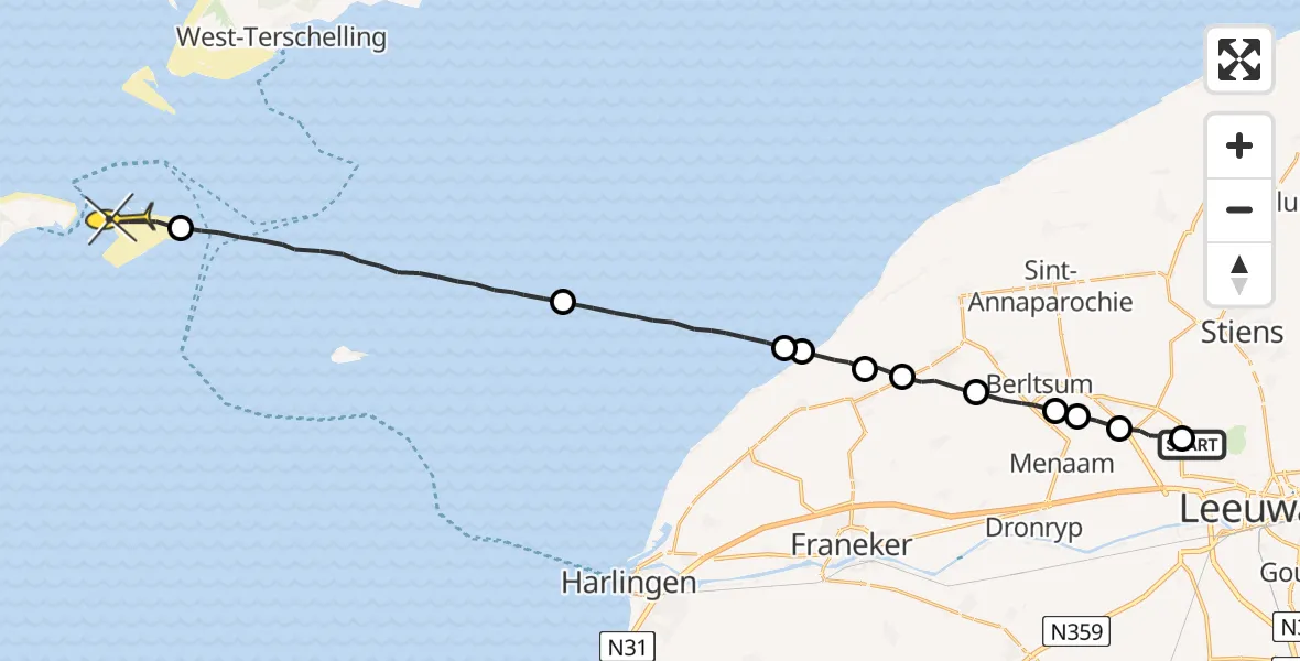 Routekaart van de vlucht: Ambulanceheli naar Vlieland, Tilledyk