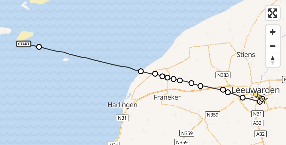 Routekaart van de vlucht: Ambulancehelikopter naar Leeuwarden, Vliestroom