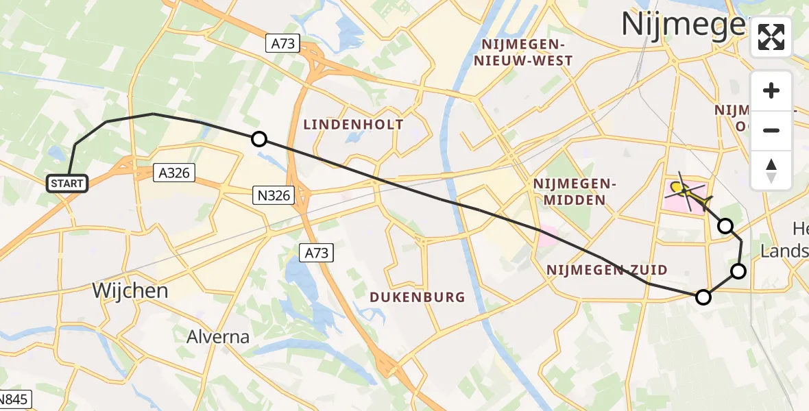 Routekaart van de vlucht: Lifeliner 3 naar Radboud Universitair Medisch Centrum, Wezelsedijk