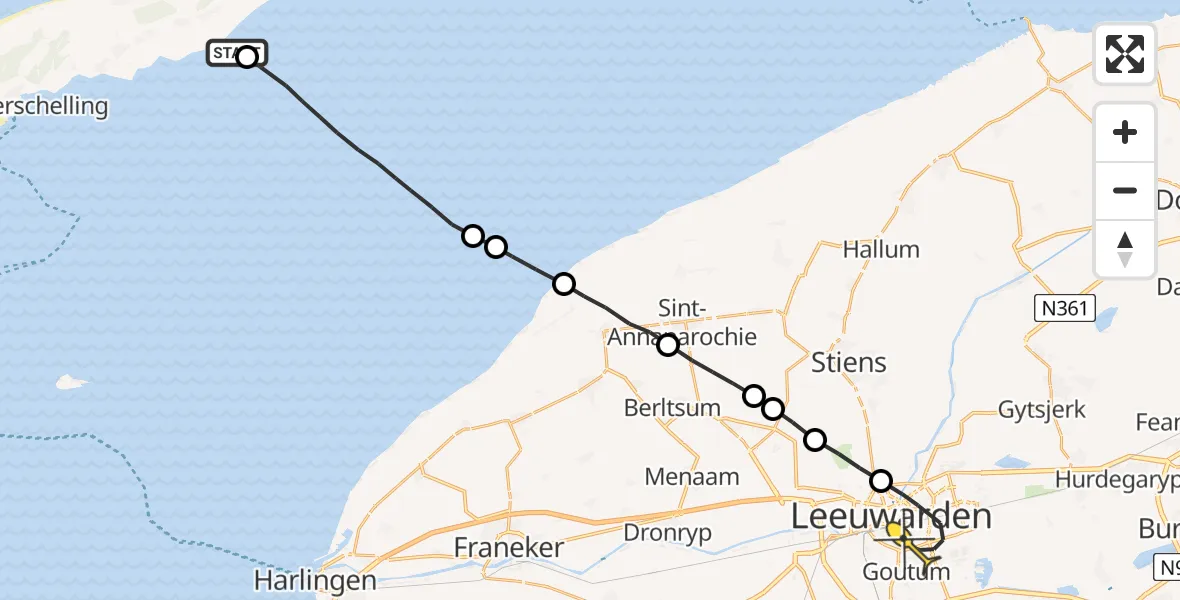 Routekaart van de vlucht: Ambulancehelikopter naar Leeuwarden, Borniastraat