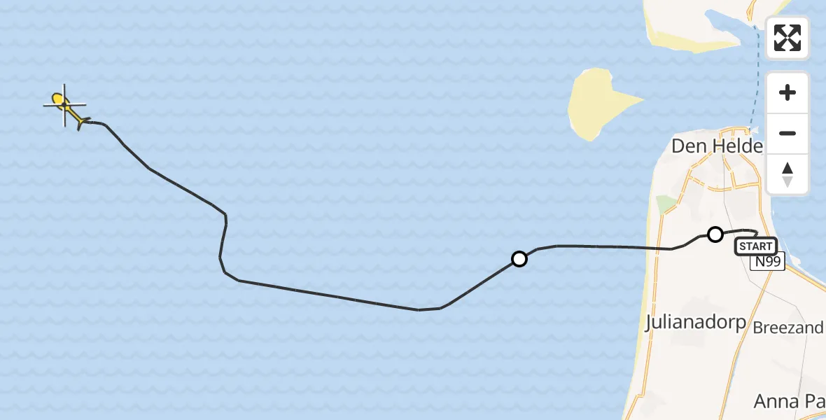 Vluchtroute Kustwachthelikopter van Vliegveld De Kooy naar 