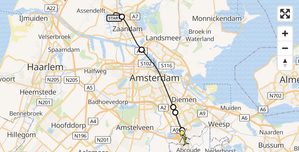 Routekaart van de vlucht: Lifeliner 1 naar Academisch Medisch Centrum (AMC), Abcouderstraatweg