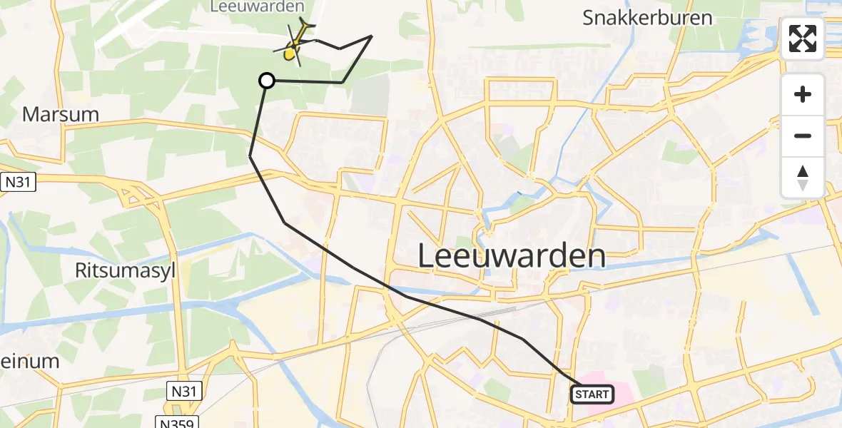 Vluchtroute Ambulancehelikopter van Leeuwarden naar Vliegbasis Leeuwarden