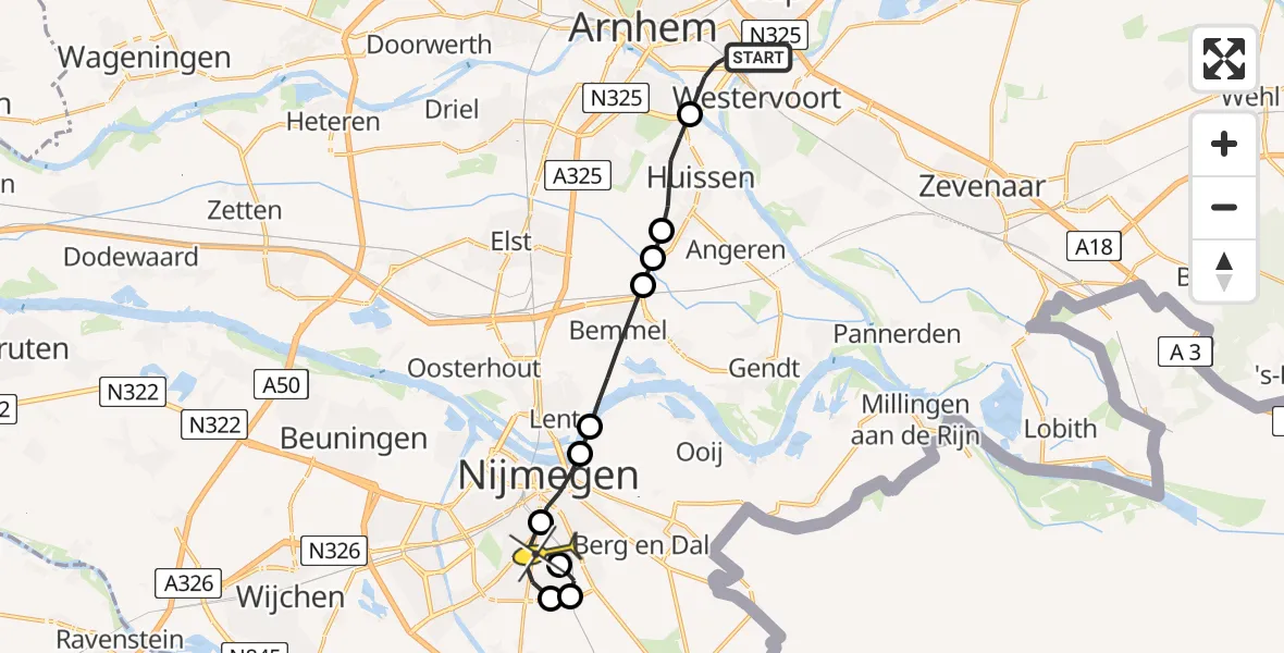 Routekaart van de vlucht: Lifeliner 3 naar Radboud Universitair Medisch Centrum, Leemansweg