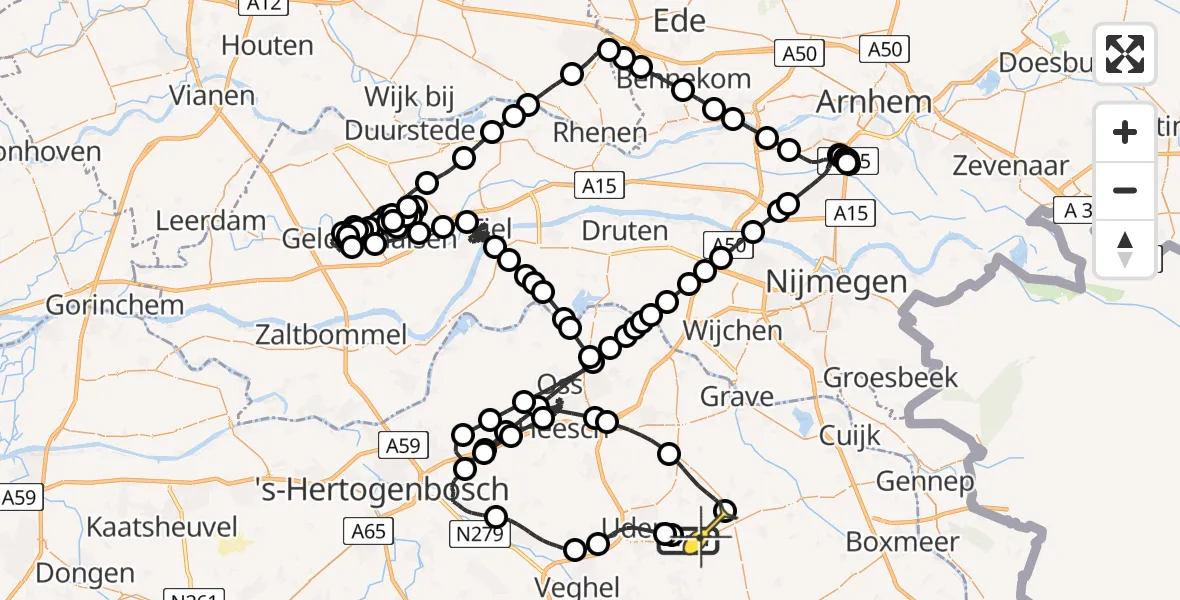Routekaart van de vlucht: Politieheli naar Vliegbasis Volkel, Kromstraat