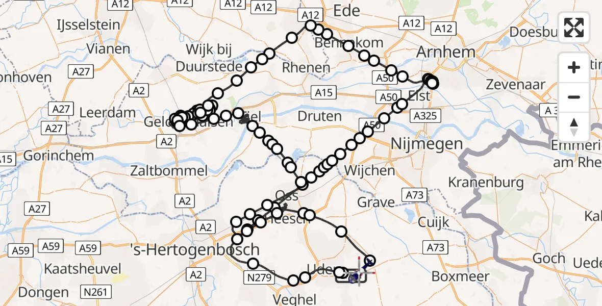 Vluchtroute Politiehelikopter van Vliegbasis Volkel naar Vliegbasis Volkel